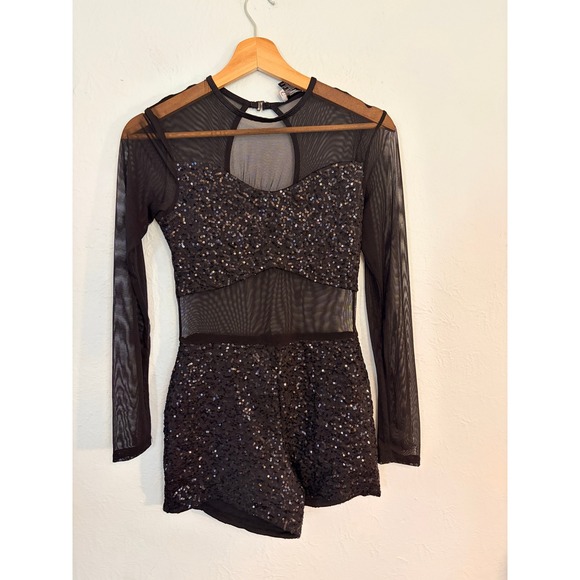Alexandra Collection Pants - Alexandra Collection Sequin Romper Small Black Mesh Long Sleeve Dance Concert